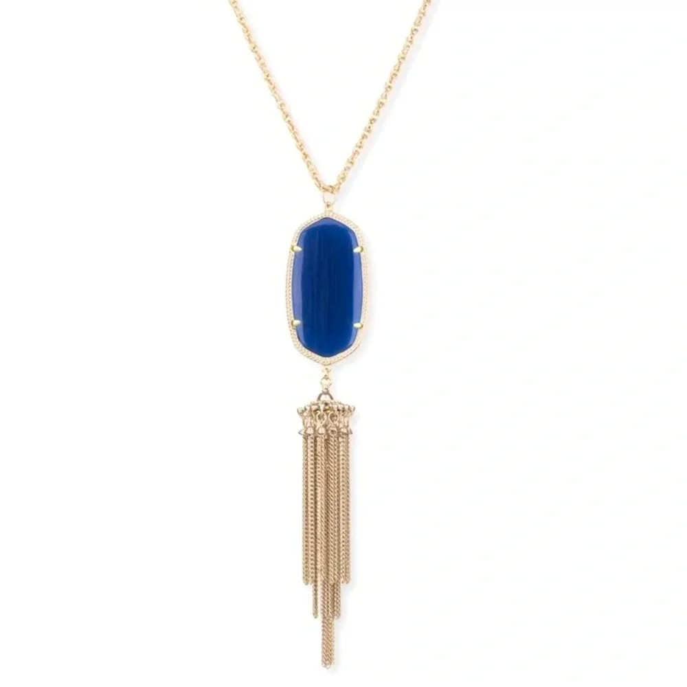 KENDRA SCOTT Rayne Long Gold Necklace w Deep Navy Blue Tassel Pendant